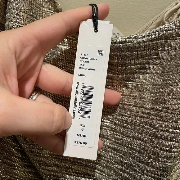 Alice + Olivia Nelle Fitted Mini Dress Champagne Metallic Bronze Size 6 New - Picture 12 of 12